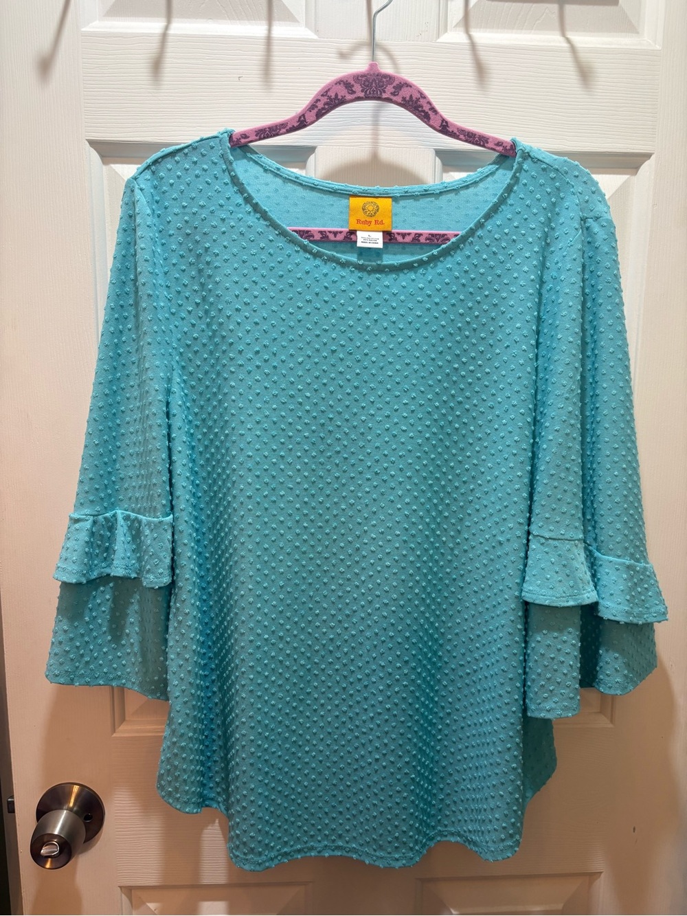 Ruby Rd. Large Women's Teal Textured Ruffle Sleeve Top - Picture 3 of 16